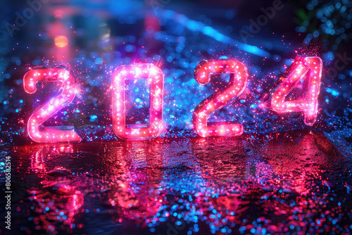 The word "2024" is written in glowing blue and red neon light. Created with Ai
