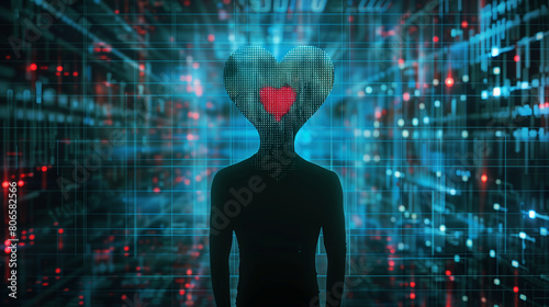Silhouette of a Man with Digital Heart Symbol