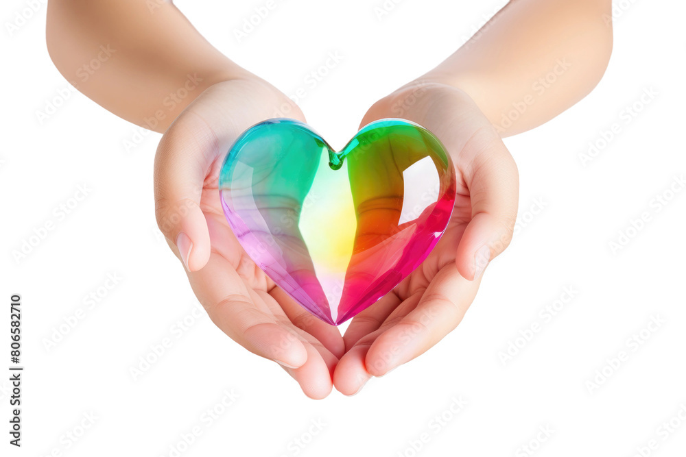 Fototapeta premium Colorful glass heart in hands, rainbow crystal love symbol, romantic charity and care concept for healthcare and support design isolated on Transparent Background