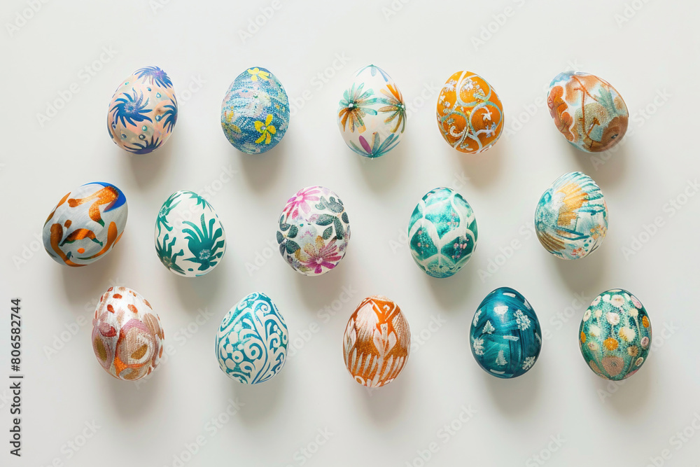 A collection of hand-painted Easter eggs with various patterns and colors