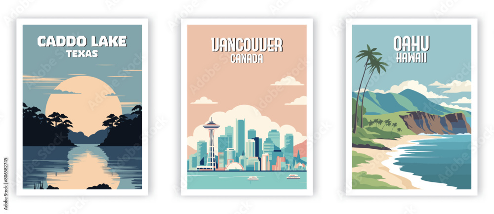 Naklejka premium Caddo Lake, Vancouver, Oahu Illustration Art. Travel Poster Wall Art. Minimalist Vector art