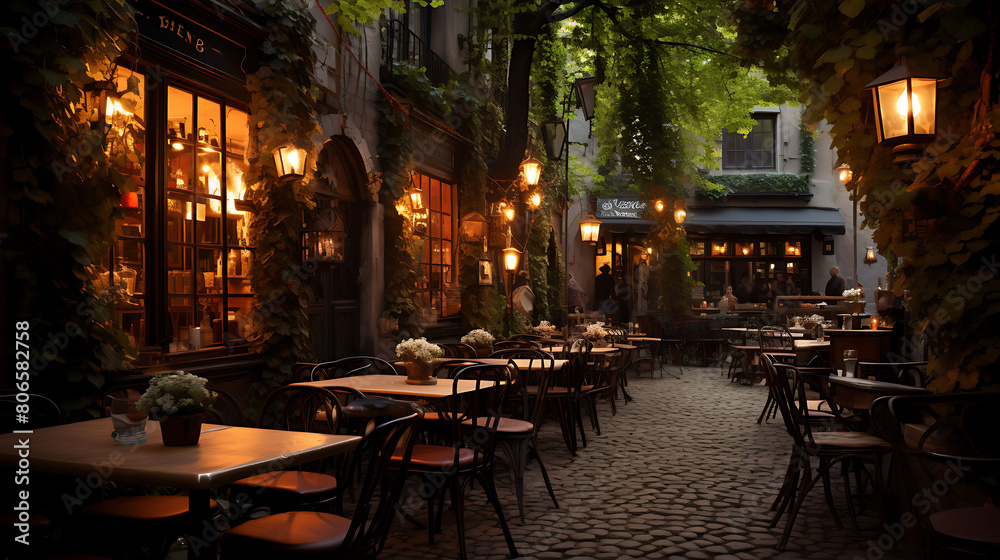 Quaint cobblestone courtyard with caf?(C) tables, string lights, and climbing ivy,