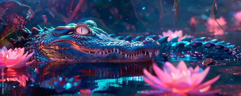 A closeup of a cyberpunk alligator s iridescent scales reflecting the neon swamp s glowing lilies