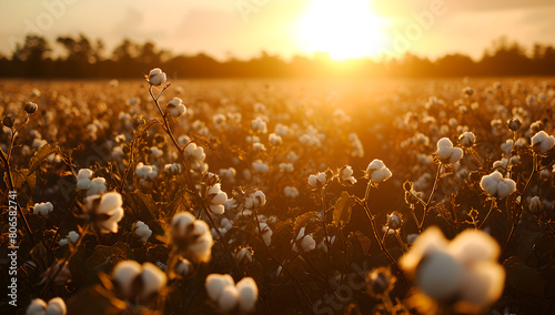 cotton field at sunrise in morning , farm , Agricultural crop ,Fabric, cotton harvest season , beautiful background, cotton buds ,landscape , farming , cinematic view , blur effect 