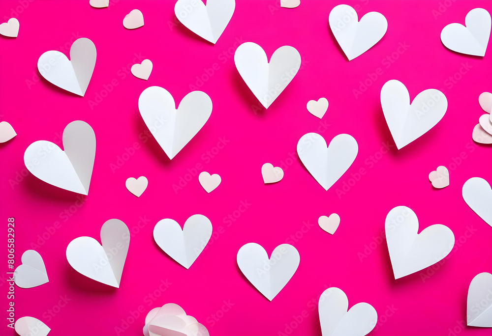 A white paper heart cutout on a bright pink background