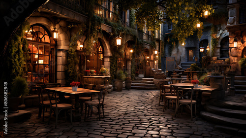 Quaint cobblestone courtyard with caf?(C) tables, string lights, and climbing ivy, photo
