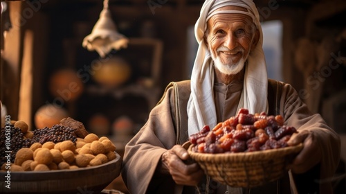 Old man in traditional arab clothes selling dates in the souk photo