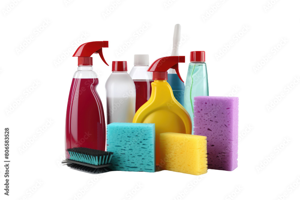 Sparkling Dreams: A Symphony of Cleaning Elixirs on White or PNG Transparent Background.