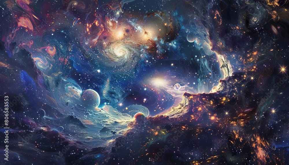 Fototapeta premium A cosmic painter using stars as pigments, creating galaxies on a giant cosmic canvas