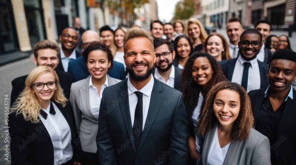 multicultural businessman outdoors Large group of smiling people wearing formal clothes on city street. multicultural businessman outdoors Large group of smiling people wearing formal clothes on city street.