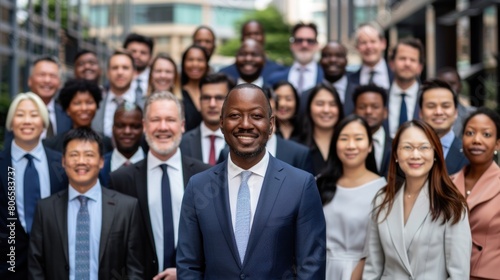 multicultural businessman outdoors Large group of smiling people wearing formal clothes on city street.