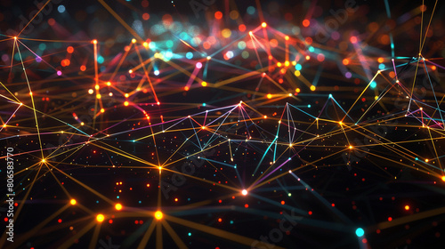 A glowing digital constellation connected by colorful lines in a dark virtual environment.