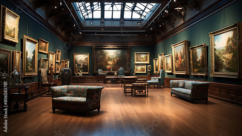 Renaissance-inspired gallery with rich tapestries, heavy wooden frames, and soft, dramatic lighting, photo