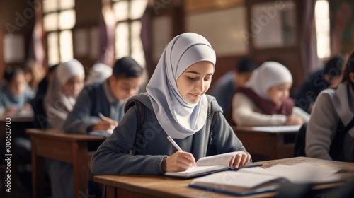 Muslim girl in hijab making notes in copybook while sitting photo