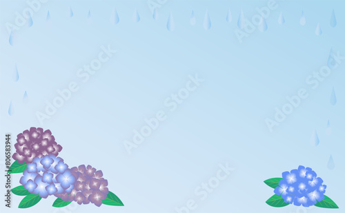 Frame with motif of June rainy season rain and hydrangea