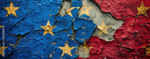 Cracked paint flag of EU on a wall photo