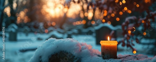 Candle vigil in snowy cemetery setting photo