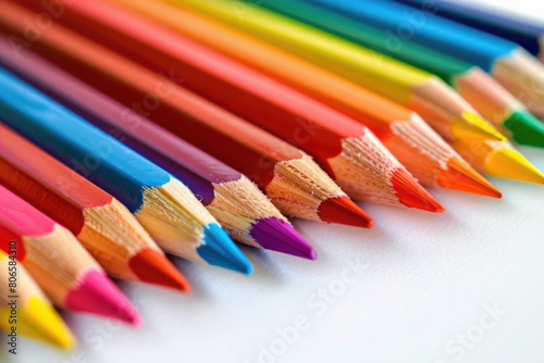 A vibrant array of rainbow colored pencils