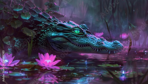 A cyberpunk alligator camouflaged in a neon swamp  using bioluminescent lilies for stealth