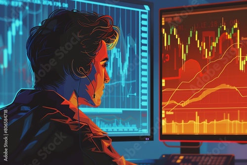 Forex trader examining a detailed exchange rate graph, 4K realistic, focused overtheshoulder view photo