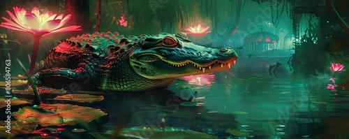 A cyberpunk alligator monitors the neon swamp through glowing lily cameras, keeping intruders at bay