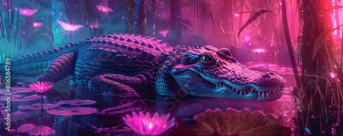 A cyberpunk alligator monitors the neon swamp through glowing lily cameras, keeping intruders at bay photo