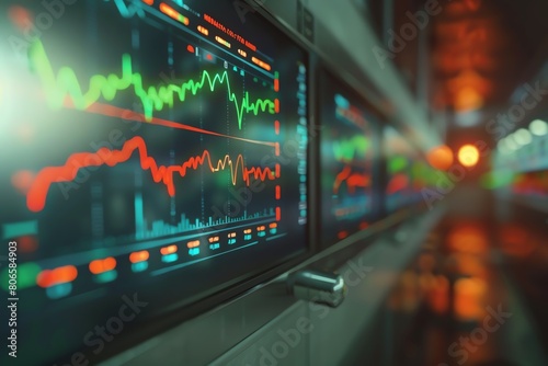 Zoomedin view of a market exchange rate monitor fluctuating, 4K realistic, trading floor