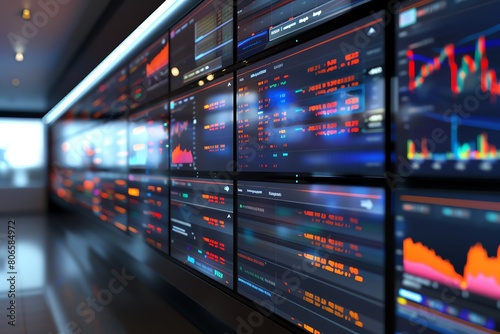 Multiple screens showing live global market exchange rates  4K realistic  newsroom