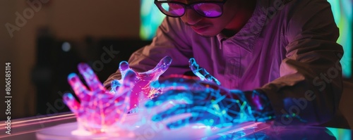 A digital artist creating 3D holographic sculptures in an open studio using motioncontrolled gloves photo