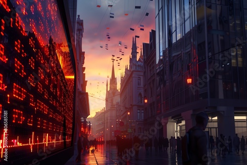 Large public display of exchange rate fluctuations, 4K realistic, city square, twilight photo