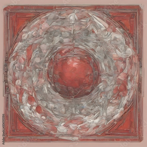 Abstract Red Sphere with Swirling Forms in Ornate Frame