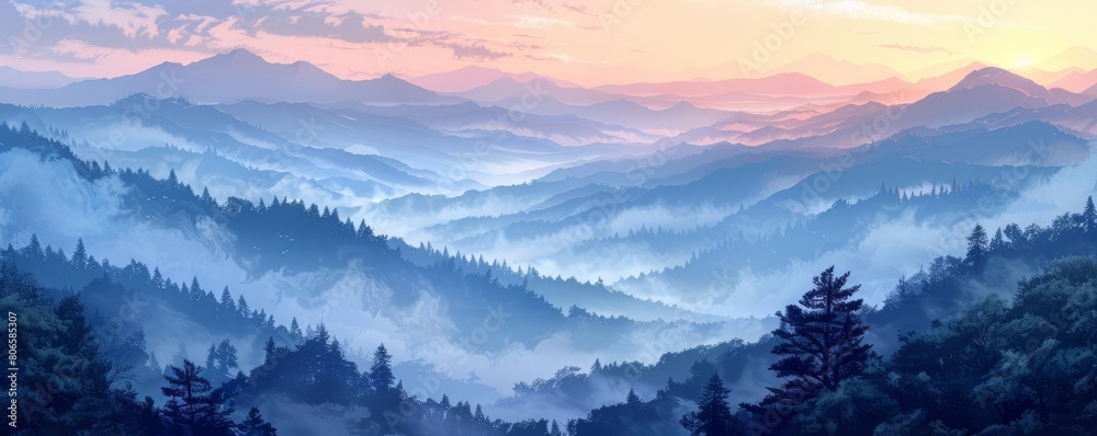 Illustrate a serene landscape at dawn