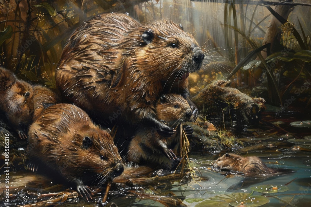 A family of beavers building a dam together, with kits playfully swimming nearby A family of beavers building a dam together, with kits playfully swimming nearby