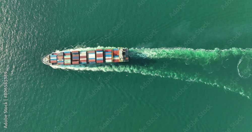 logistic cargo container ship sailing in sea import export goods and distributing products to dealer and consumers across worldwide by container ship Transport business service.4k video aerial view