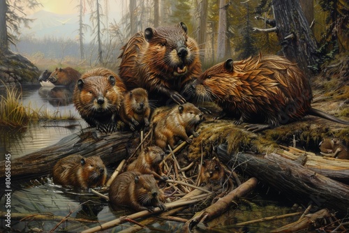 A family of beavers building a dam together, with kits playfully swimming nearby photo