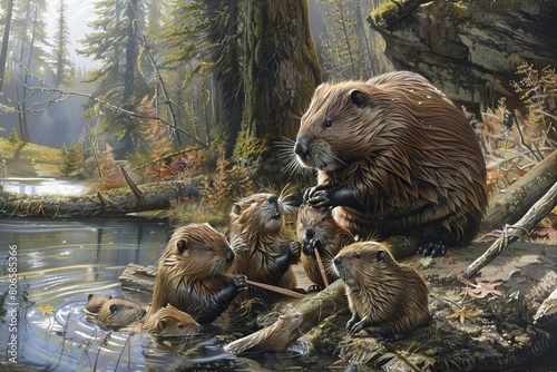 A family of beavers building a dam together, with kits playfully swimming nearby