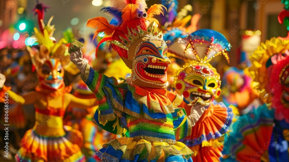 Fototapeta premium A festive parade of brightly decorated floats and masked dancers celebrating Carnival in Rio de Janeiro