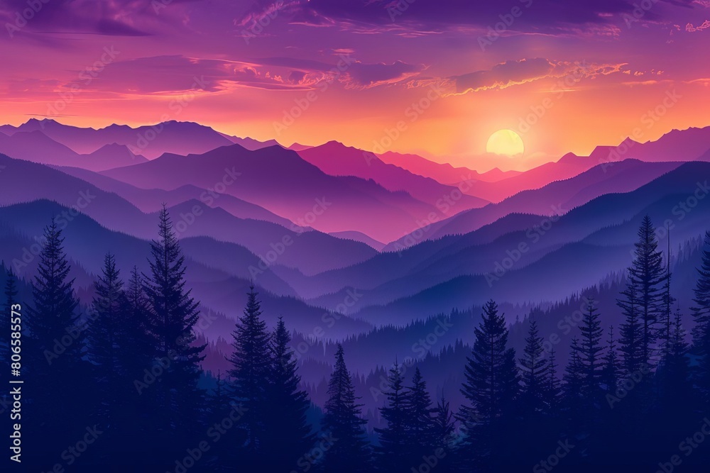 Illustrate a panoramic sunset over a mountain range