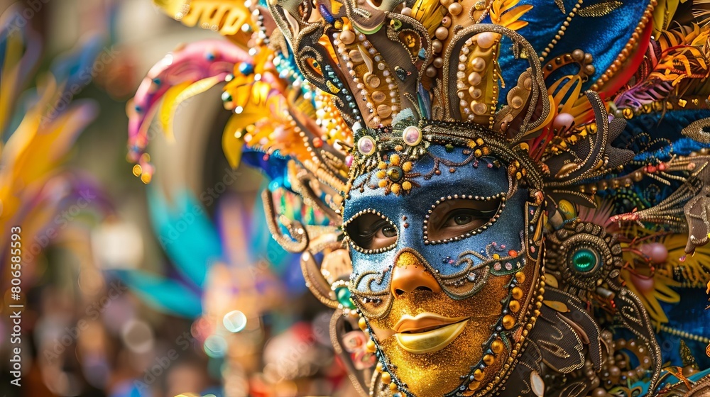 A festive parade of brightly decorated floats and masked dancers celebrating Carnival in Rio de Janeiro