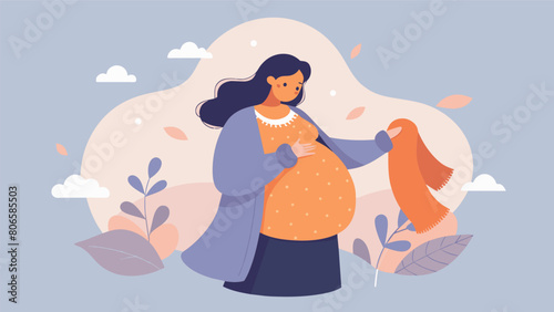 A pregnant woman trying on a soft and cozy maternity sweater made from ethical alpaca wool.. Vector illustration