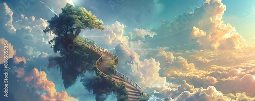 A fantasy illustration of a tranquil, floating health retreat in the clouds, accessible by a spiral staircase photo