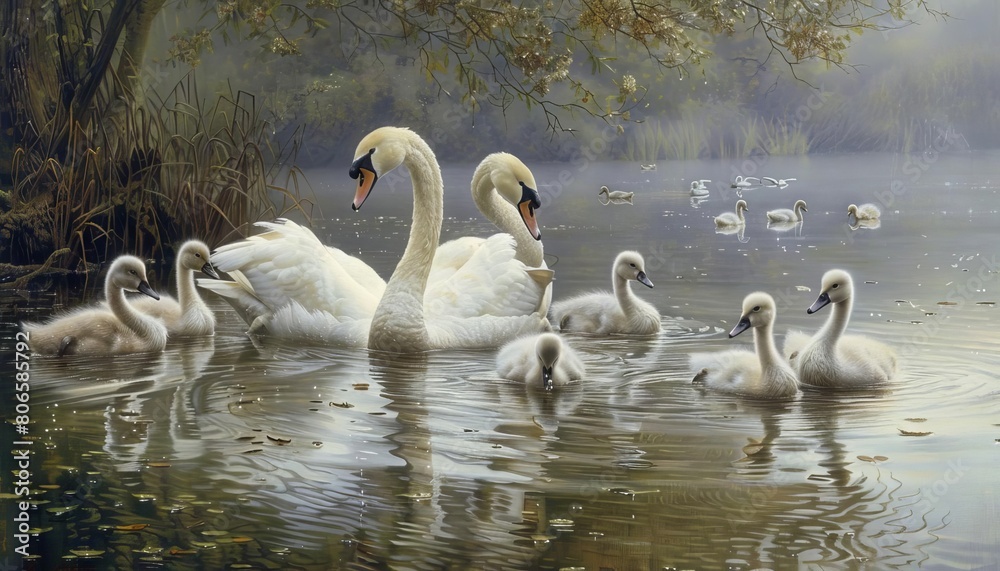 Fototapeta premium A flock of swans teaching their cygnets to dive in a serene lake