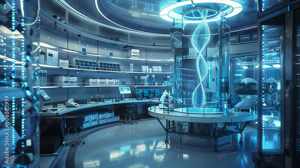 A futuristic lab with a glass wall and a white counter. The lab is filled with various scientific equipment and tools A futuristic lab with a glass wall and a white counter. The lab is filled with various scientific equipment and tools