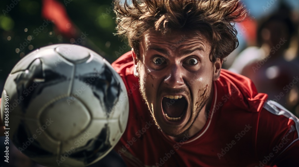 Intense moment of a male soccer player shouting with excitement, his face covered in mud during a dynamic game Intense moment of a male soccer player shouting with excitement, his face covered in mud during a dynamic game
