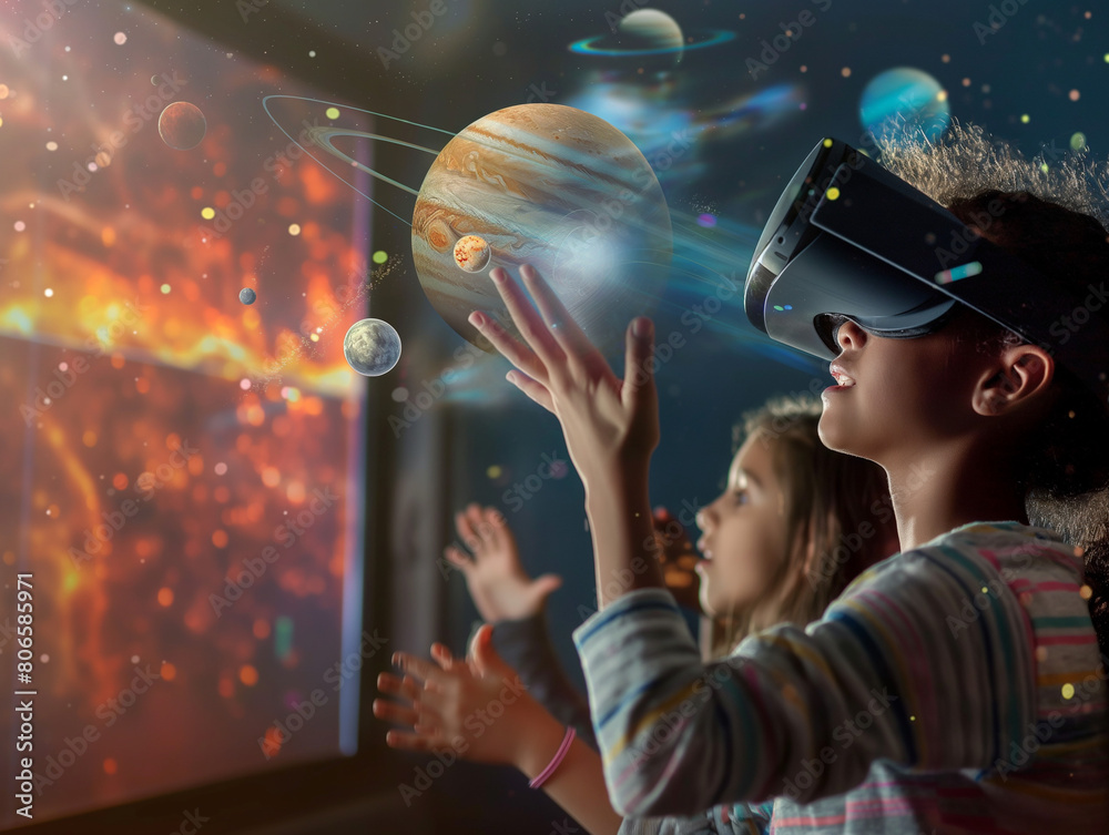 Two young girls experience a virtual reality cosmos, interacting with planets and stars in a vividly immersive environment. Two young girls experience a virtual reality cosmos, interacting with planets and stars in a vividly immersive environment.