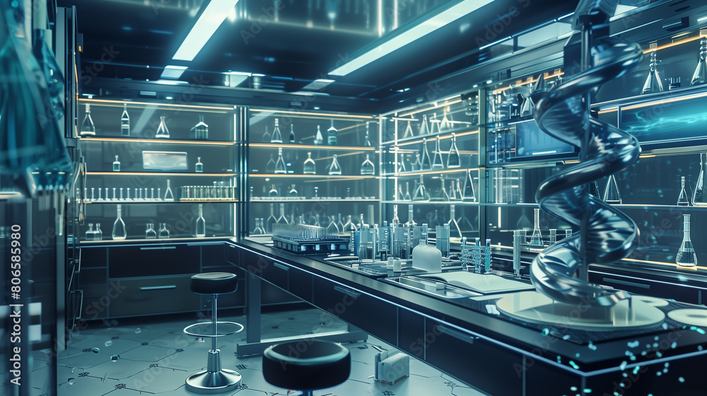 A futuristic lab with a glass wall and a white counter. The lab is filled with various scientific equipment and tools