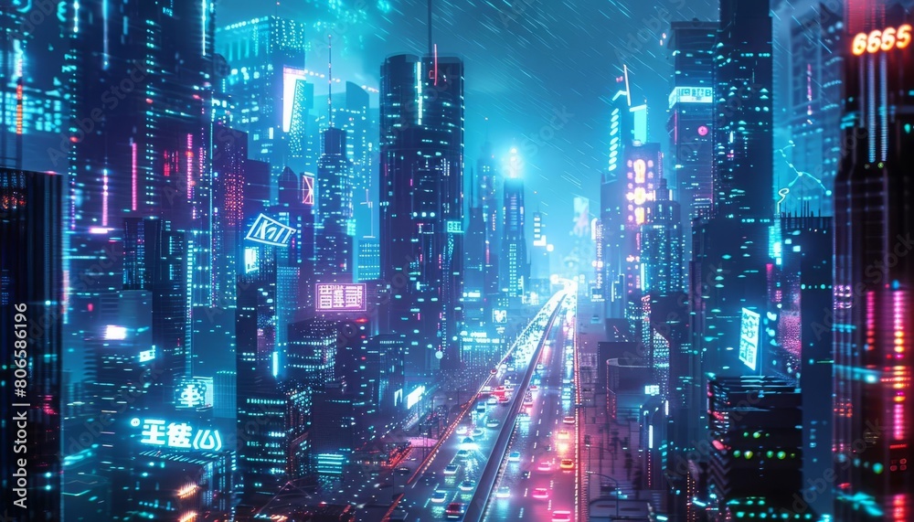 A futuristic smart city where selfdriving cars navigate seamlessly through neonlit skyscrapers