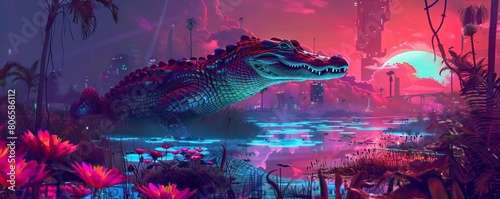 A futuristic settlement at the neon swamp s edge relies on the cyberpunk alligator to protect its glowing lily farms photo