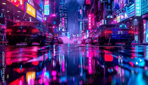 A futuristic smart city where selfdriving cars navigate seamlessly through neonlit skyscrapers photo