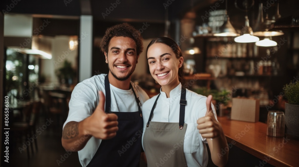 Two small business owners smiling in formal attire Wearing an apron, looking at the camera and giving a thumbs up while standing at their restaurant.